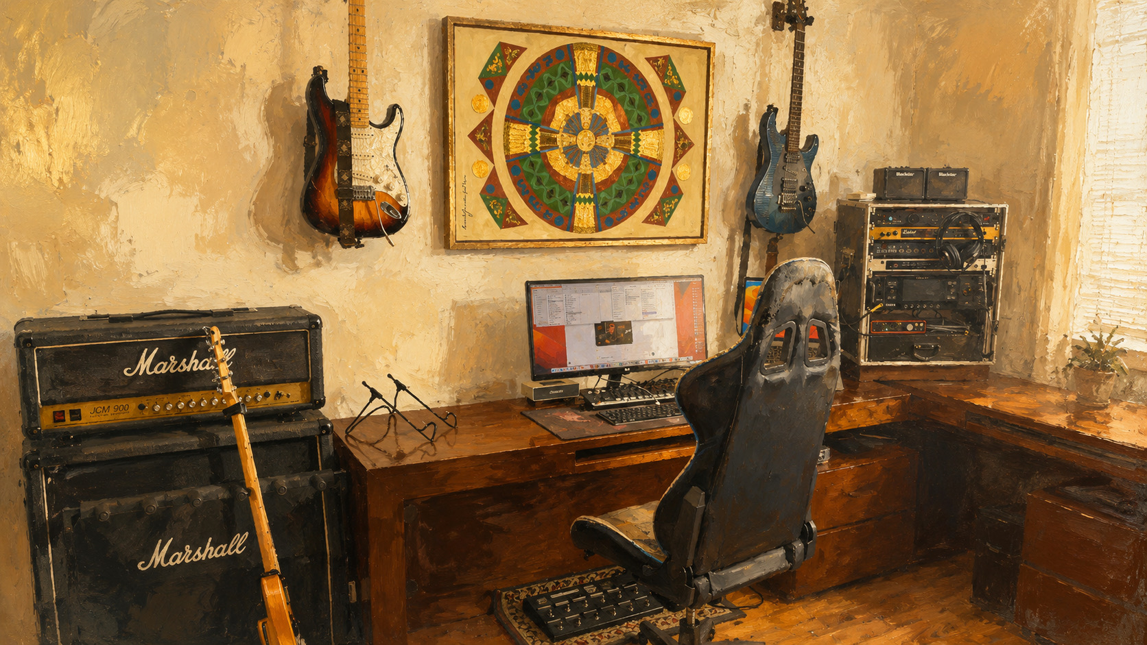 O estúdio FDO Music — Marshall JCM 900, guitarras na parede e o rack de efeitos